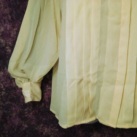 Vintage 80s Allison Smith Sheer Pleated Blouse Top -16 Flower Beads Yellow Flaws - Picture 3 of 9